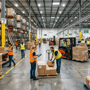Busy metal workshop with skilled workers Warehouse workers in safety vests handling boxes and operating forklifts