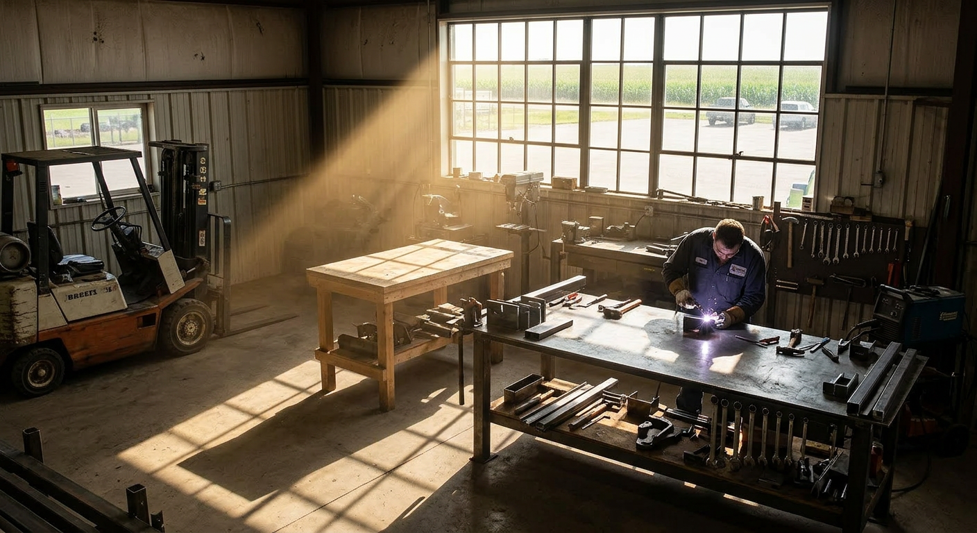 Man welding metal on a workshop table under sunlight