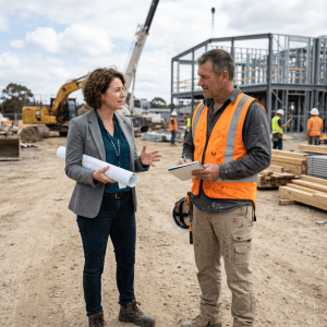 Project manager holding blueprints speaking with construction worker in safety vest and helmet