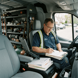 HVAC supervisor reviewing paperwork in service van
